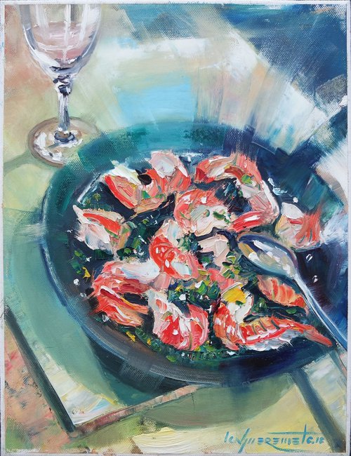 ‘PRAWNS IN A FRYPAN’ - Still Life Oil Painting on Canvas by Ion Sheremet