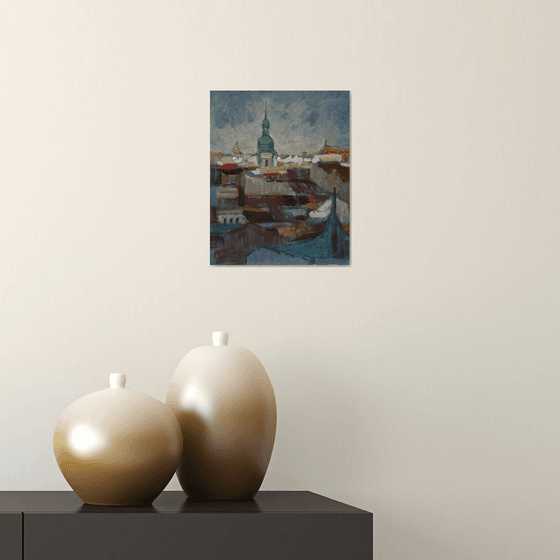 Original Oil Painting Wall Art Signed unframed Hand Made Jixiang Dong Canvas 25cm × 20cm Landscape Small View of Prague from distance Impressionism Impasto