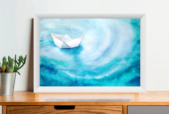 Origami boat watercolor