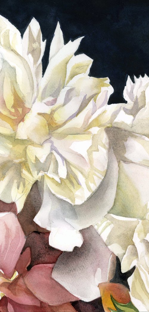 peonies with roses watercolor floral by Alfred  Ng