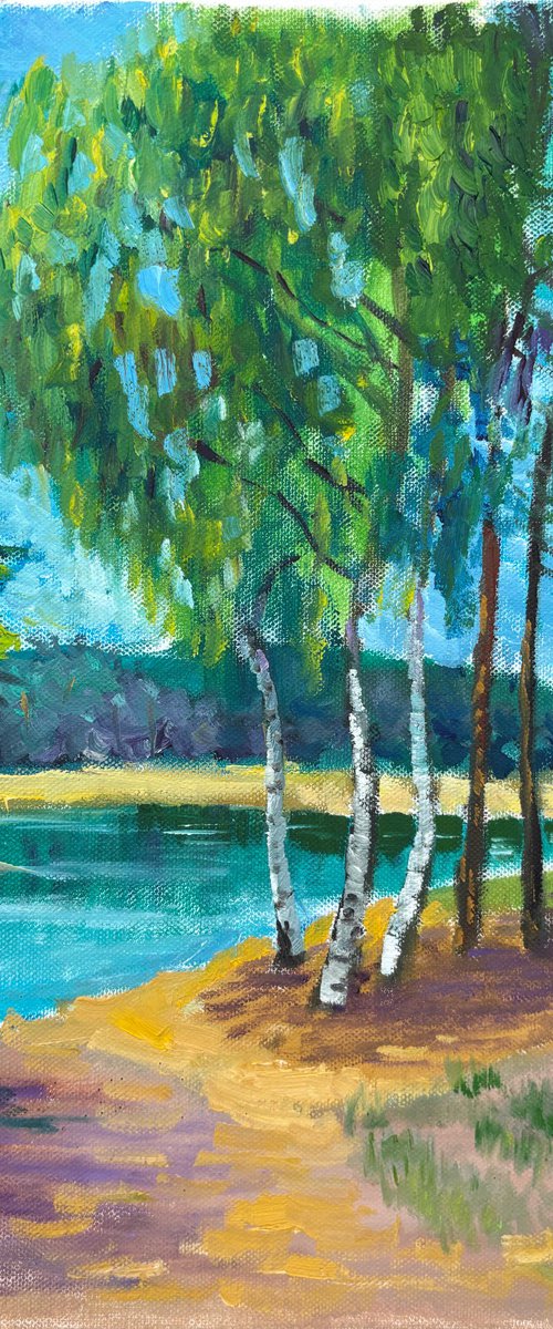 Birches by the lake. Pleinair by Dmitry Fedorov
