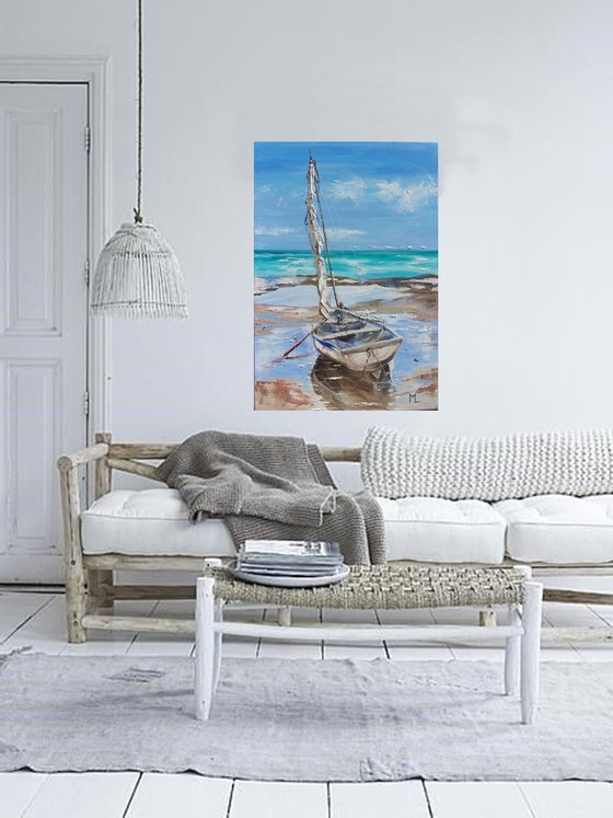 " BLUE BOAT ON LONELY BEACH "