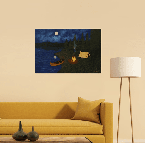 Under the Moonlight - nightscape campfire painting; home, office decor; gift ideas