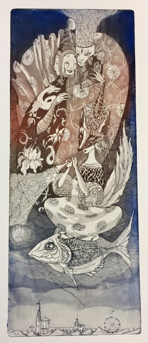 Surrealistic Portrait Etchings & Engravings By Marina Korenfeld, 7 X 17", Fortunetellers (Pure), Original Artwork