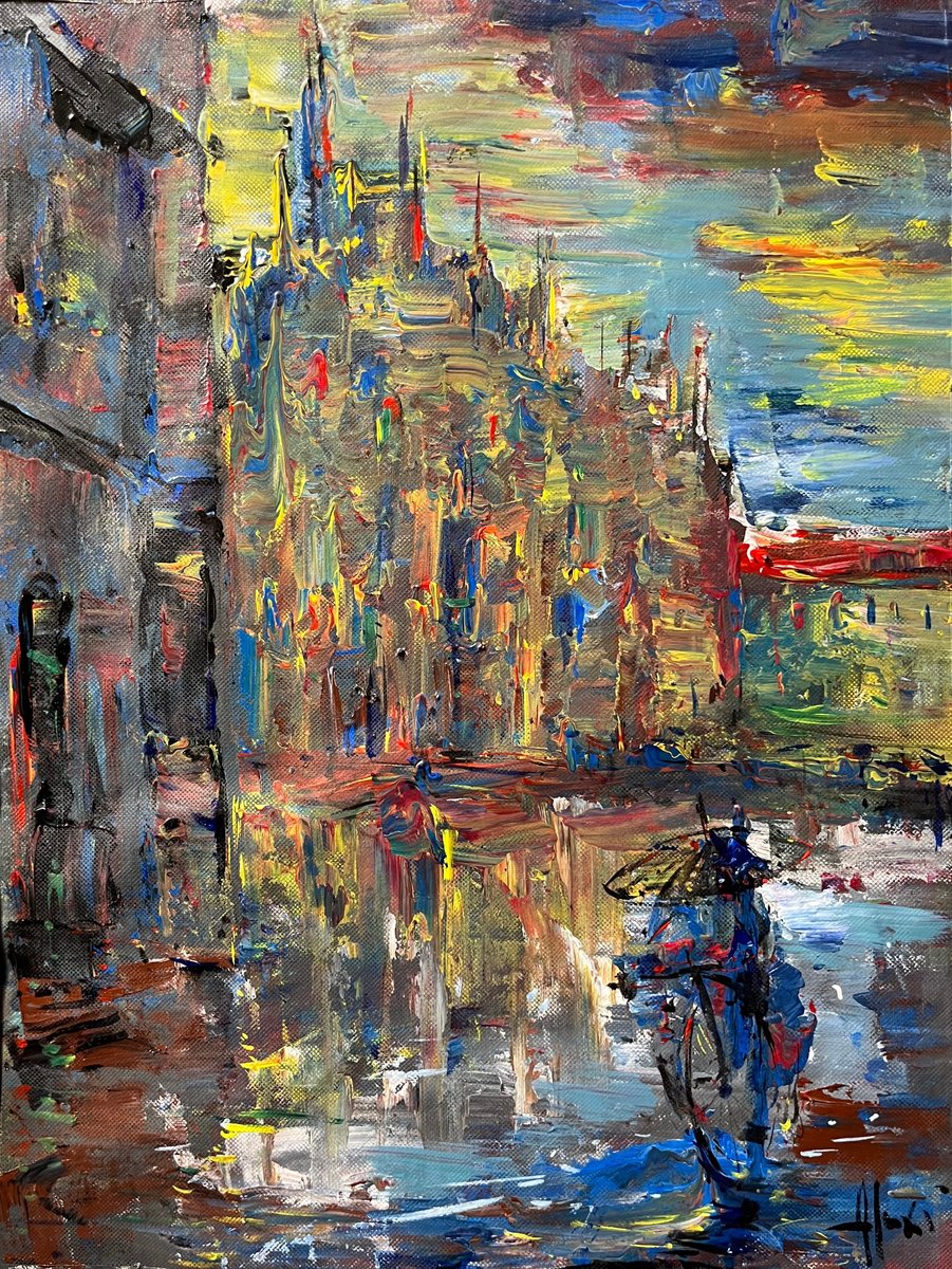 Abstract Acrylic Painting By Altin Furxhi, 20 X 28, Rainy Afternoon., Original Artwork