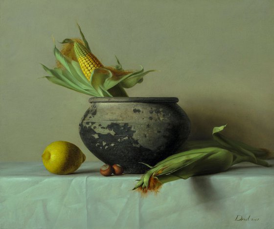 The clay pot, a lemon and corns ,51 x 61 cm(20x24inch)(2017)