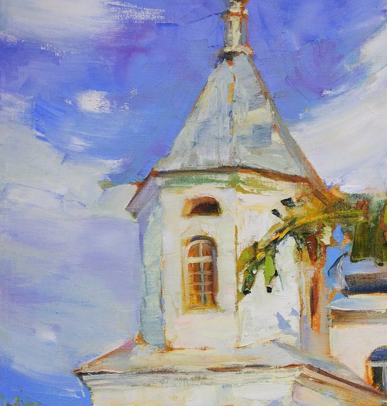 Ancient church in Ukrainian village  Heaven Original plain air oil painting