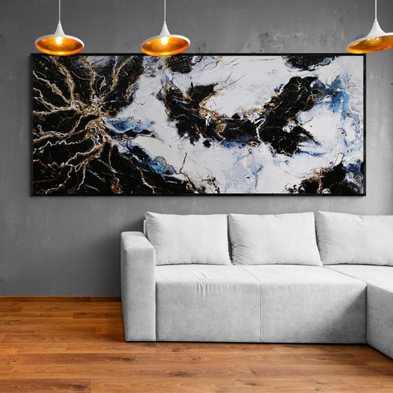 Golden Rapture 240cm x 100cm White Gold Black Textured Abstract Art