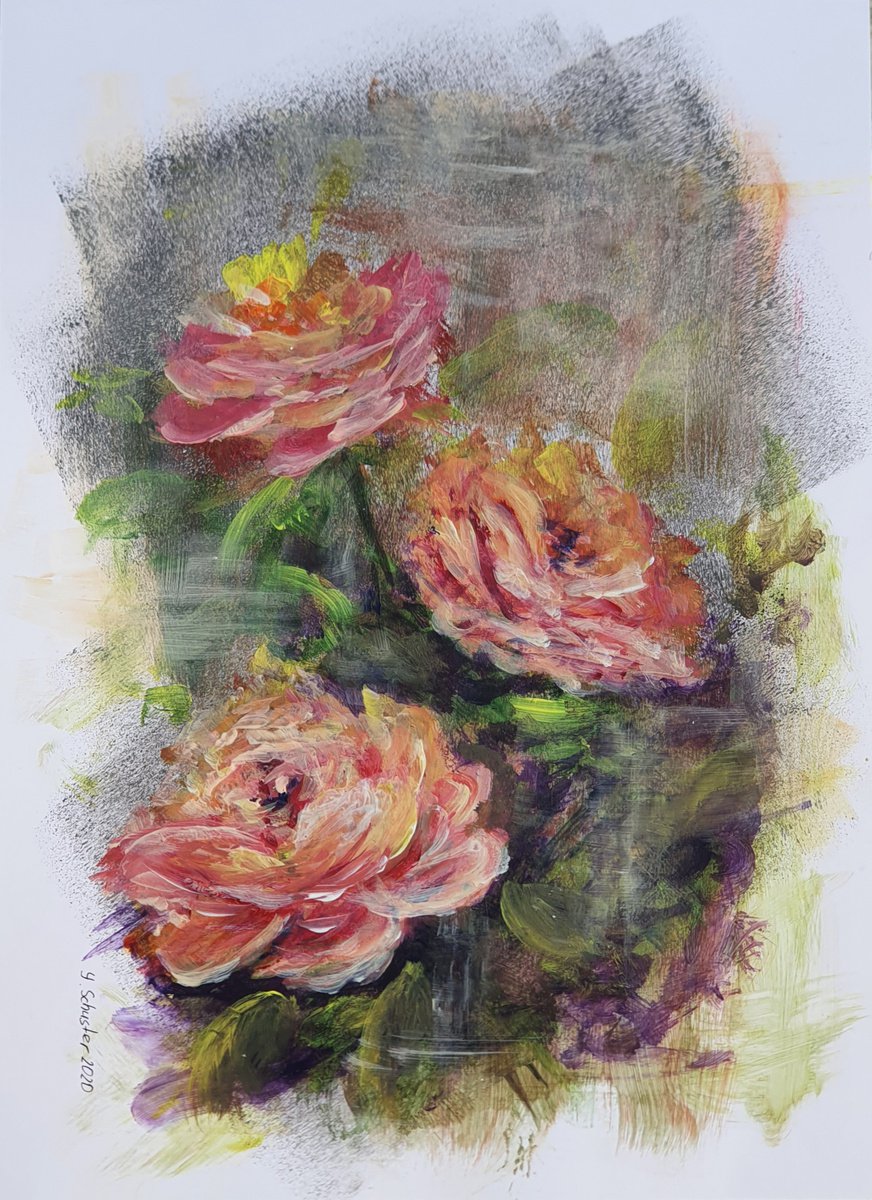 Impressionistic Botanical Acrylic Painting By Yulia Schuster, 8 X 11", Roses, Original Artwork