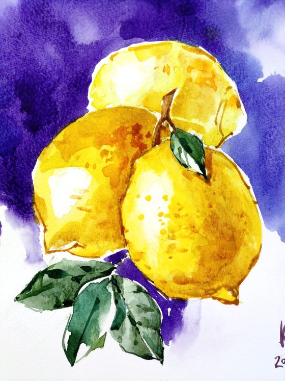 Contrasting still life "Lemons on a dark background" original watercolor artwork