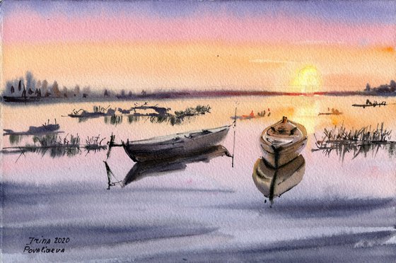 Boats at sunset original artwork small format bright colors home decor painting, gift for her