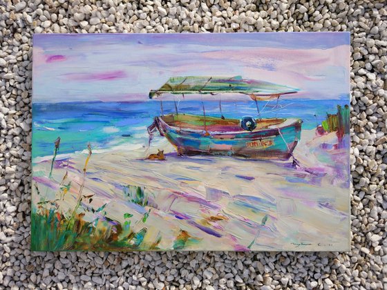 Summer . Dog and old boat