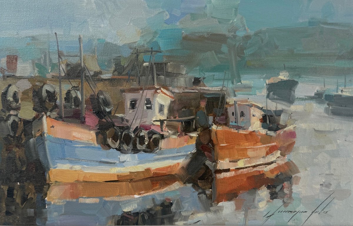 Impressionistic Landscape Oil Painting By Vahe Yeremyan, 14 X 9", Tugs, Original Artwork