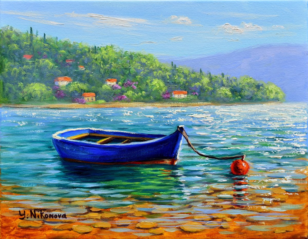 Impressionistic Landscape Oil Painting By Yulia Nikonova, 14 X 11", A Boat At Mooring, Original Artwork