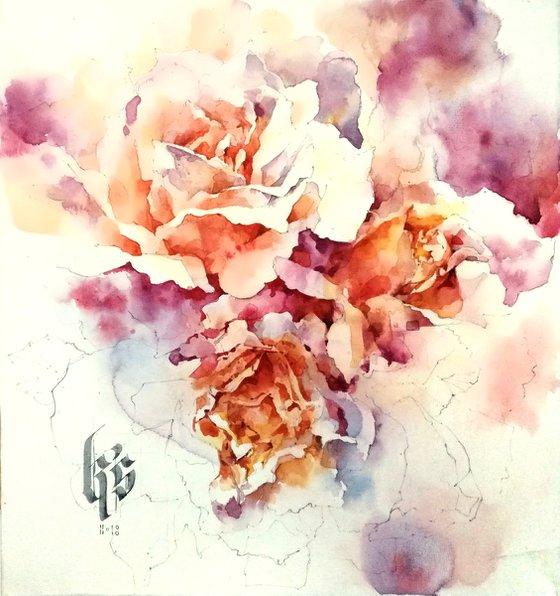 "Scent of a bouquet of roses" original abstract watercolor artwork square format