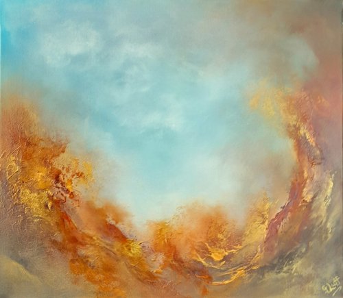 DELUGE (Abstract slimline cloudscape oil painting) by Gillian Luff