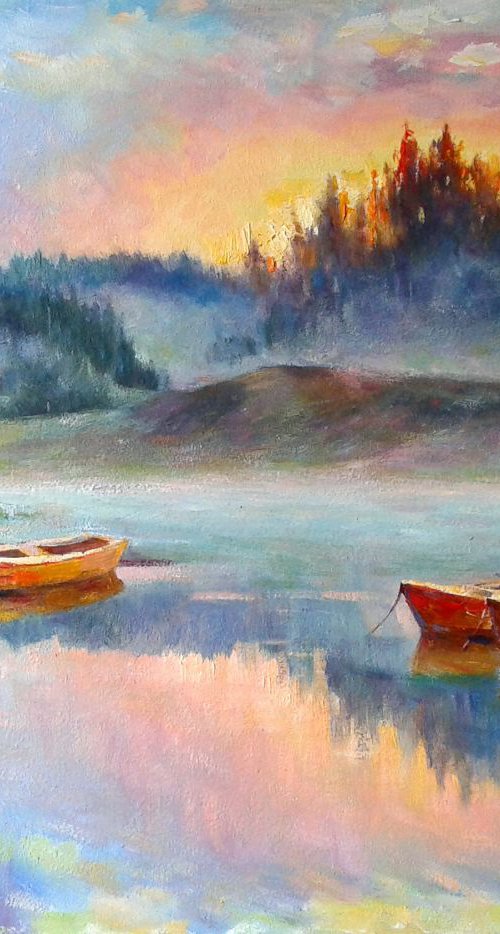 Landscape with boats by Vladimir Lutsevich