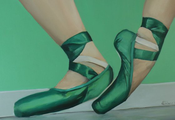 Green Ballet Shoes, Figurative Oil Painting, Ballerina, Dance, Framed and Ready to Hang