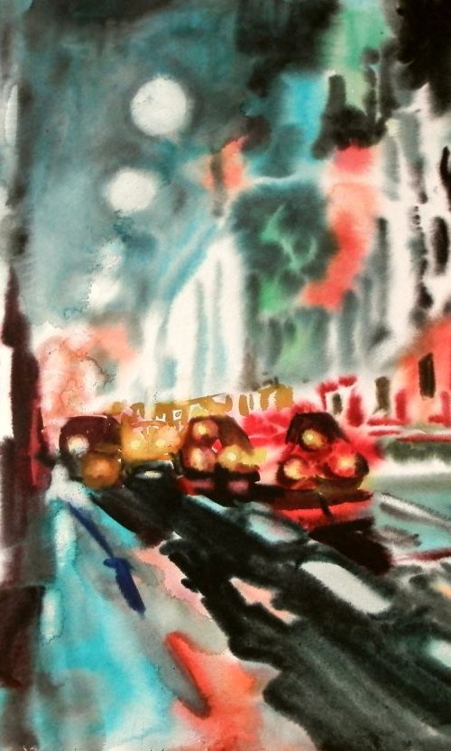 Night lights, watercolor painting 98x68 cm by Valentina Kachina