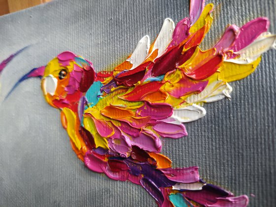 Hummingbirds in love - birds, love, animals oil painting, art bird, impressionism, palette knife, gift.