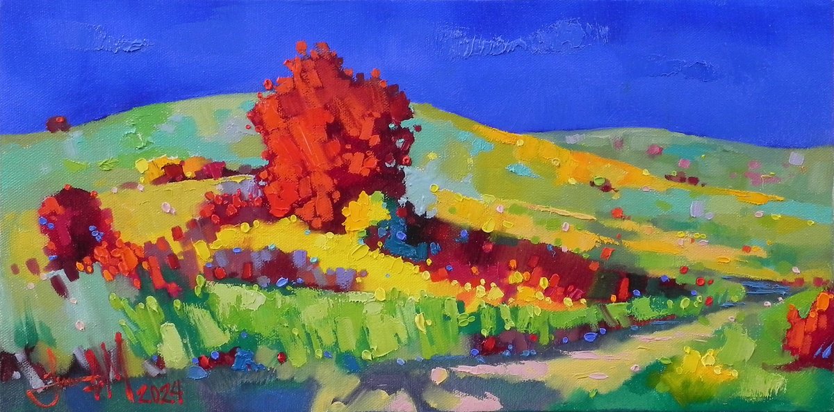 Abstract Landscape Oil Painting By Mykhailo Novikov, 16 X 8", "Bright Day", Original Artwork