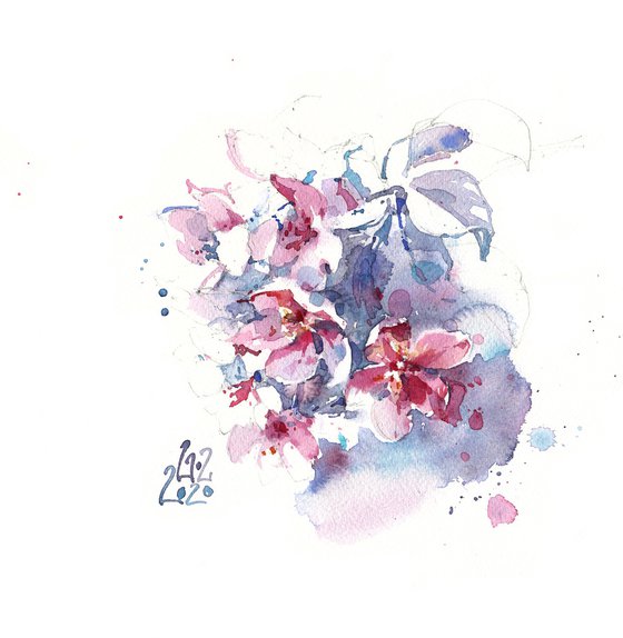 Original watercolor painting "Red apple tree. Branch of a blossoming tree in the spring"