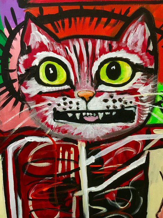 KING TROY the cat, ( 102 x 91 cm, 40 x 36 inches),  multi-armed, multitasking, inspired by Basquiat and Indian culture, solving the problems of the modern rapidly changing world in parallel and seamlessly