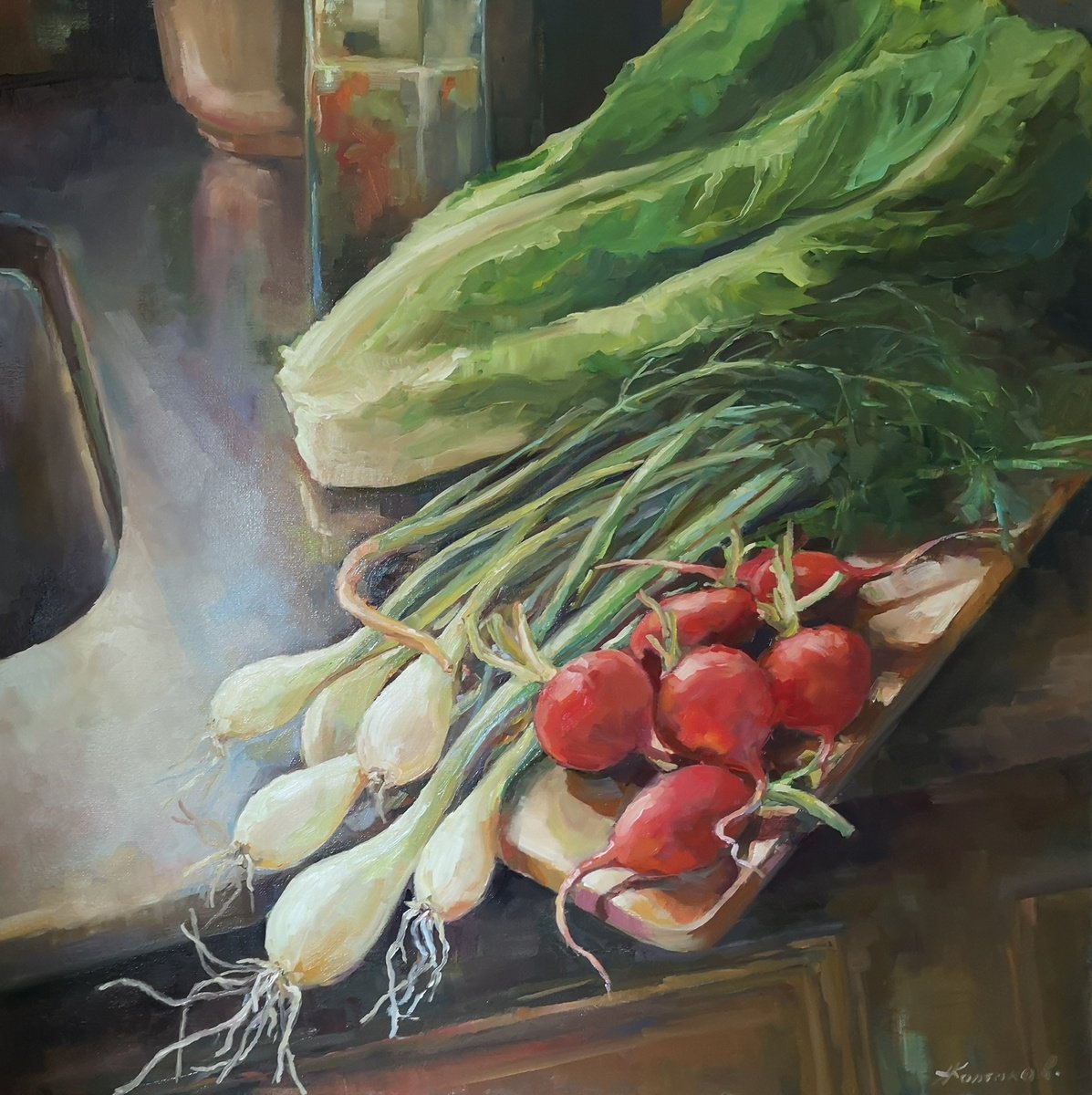 Impressionistic Still Life Painting By Alexander Koltakov, 24 X 24, Vegetables And Greens, Original Artwork