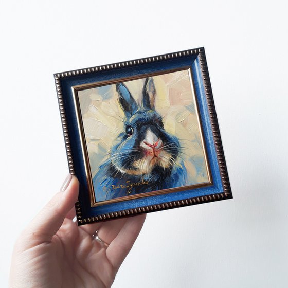 Cute rabbit painting original oil art 10x10 cm, Blue Bunny illustration nursery wall art