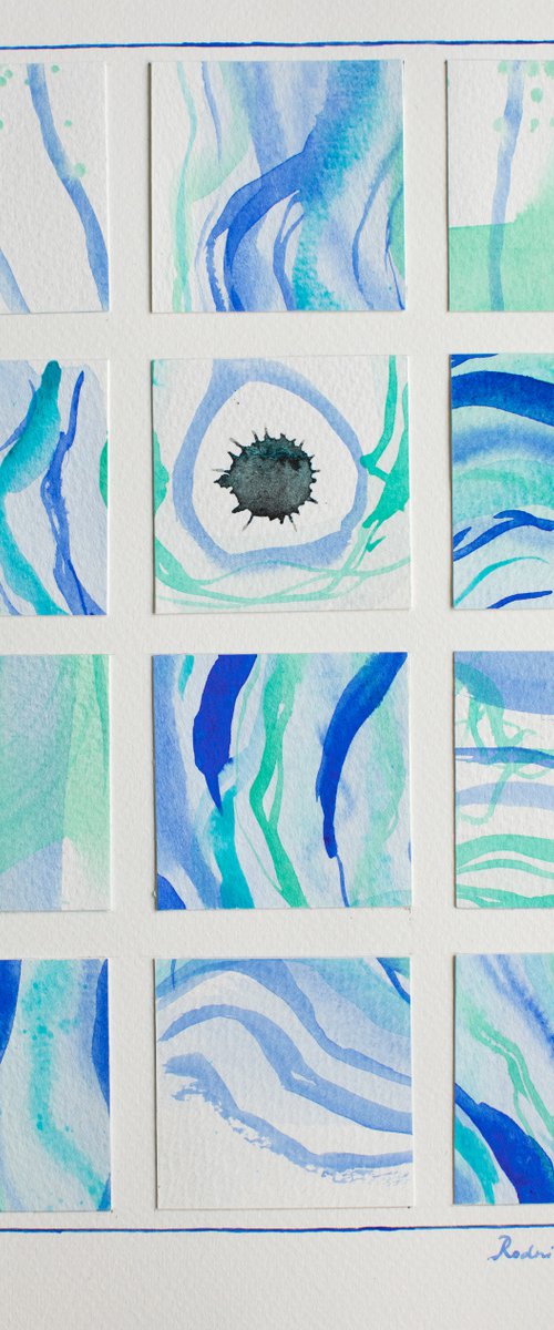 Blue and green watercolor abstract collage by Liliya Rodnikova
