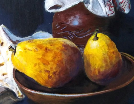 Yellow pears - modern still life with pears and ancient pot.