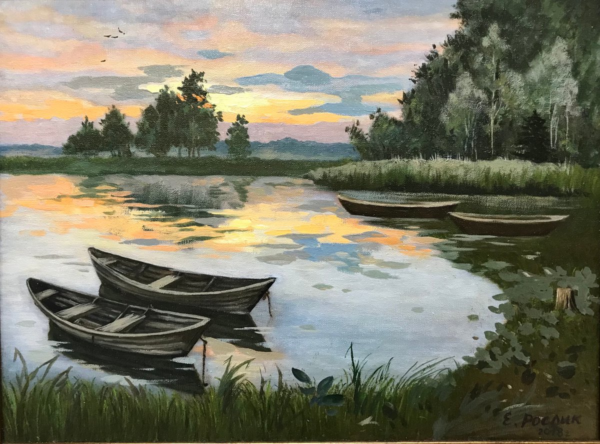 Original oil painting Boats in reeds - 40x30 cm (2018) by Evgeniya Roslik