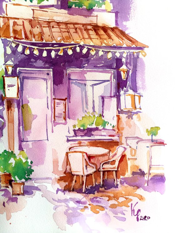 Urban romantic landscape "Summer cafe in the old town" original watercolor painting