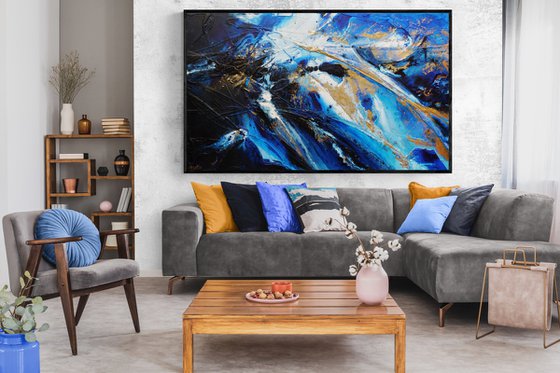 Golden Sapphire 200cm x 120cm Blue Gold Textured Abstract Art