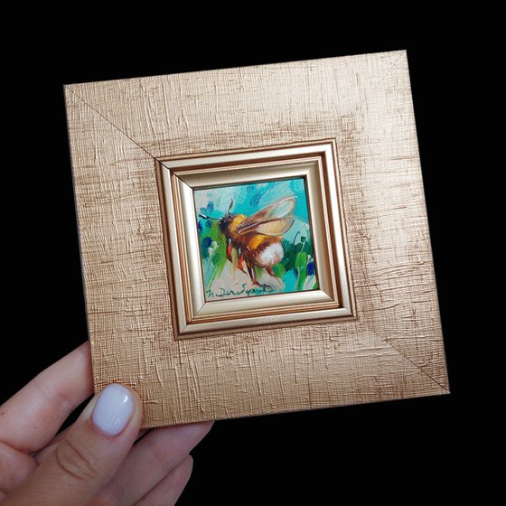 Bumblebee artwork oil painting original 2x2, Honey bee home decor wall art, Turquoise art gold frame mini painting girlfriend gift