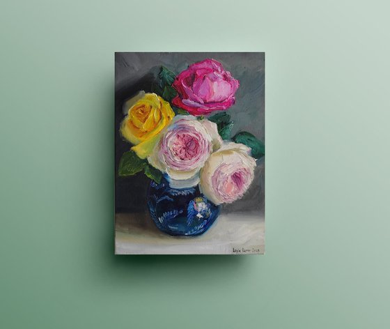 Pink and white roses bouquet in porcelian vase oil painting original still life 12x16"