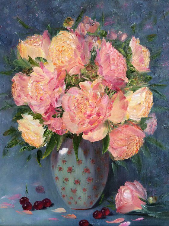 CORAL PEONIES IN A VASE - Still life. Delicate peonies. Unusual flowers. Blooming buds. Pastel shades. Luxurious. Peach.