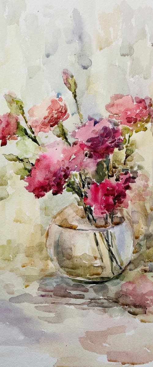 Bouquet of carnations. Original watercolour painting. by Elena Klyan