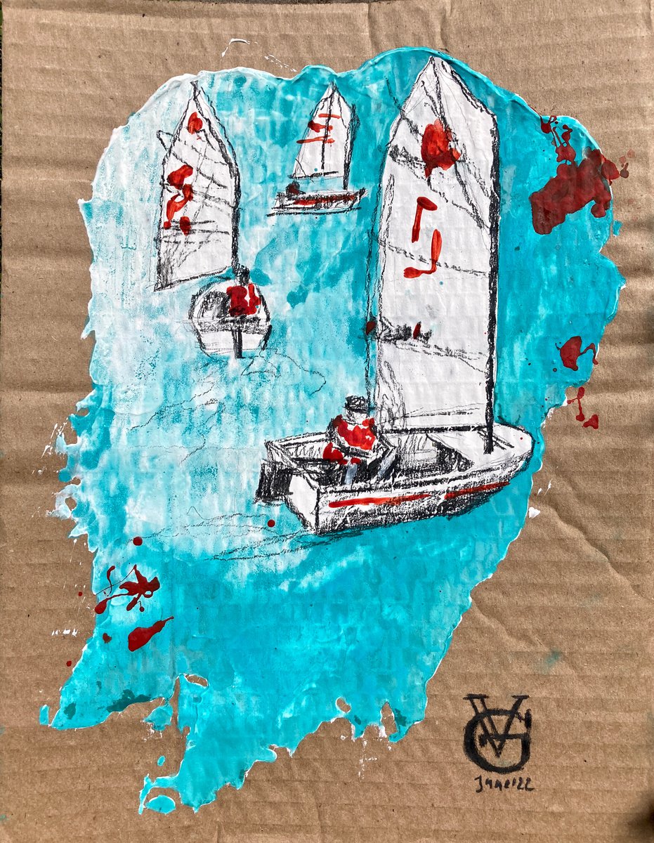 Abstract Landscape Painting By Valeria Golovenkina, 9 X 12", Sails 2, Original Artwork