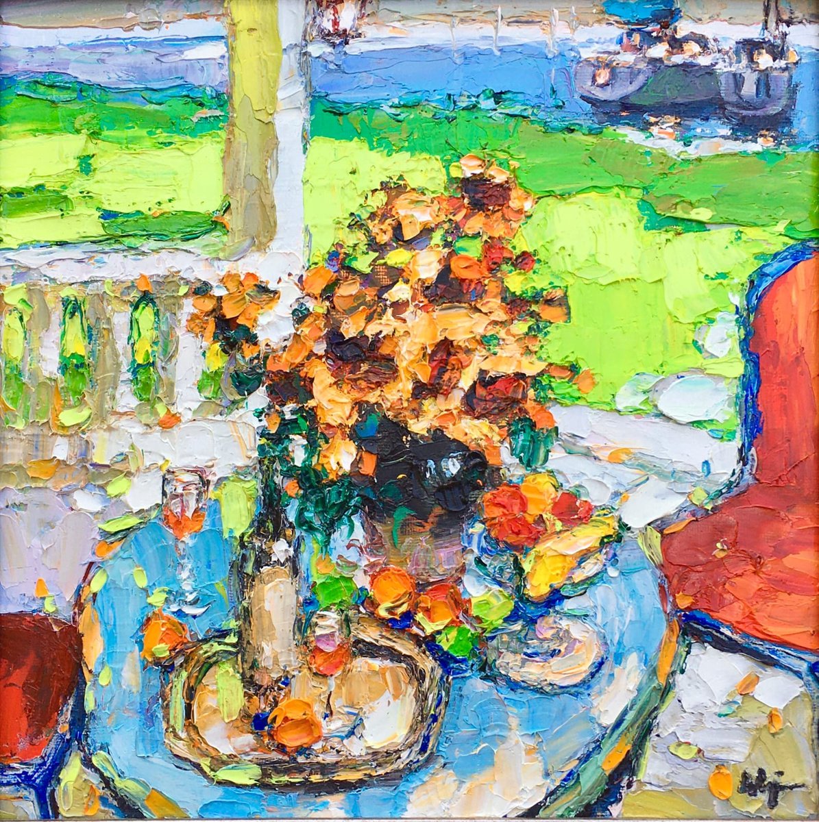 Impressionistic Botanical Oil Painting By Dong Lin Zhang, 16 X 16, Sunflower In The Sunroom, Original Artwork