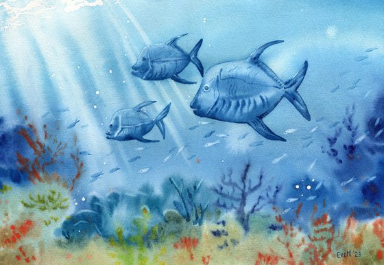 Marine fish underwater, coral reef life. Original artwork.