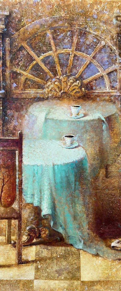 Old World Café Interior Coffee Cup Still Life by Yulia Odukalets