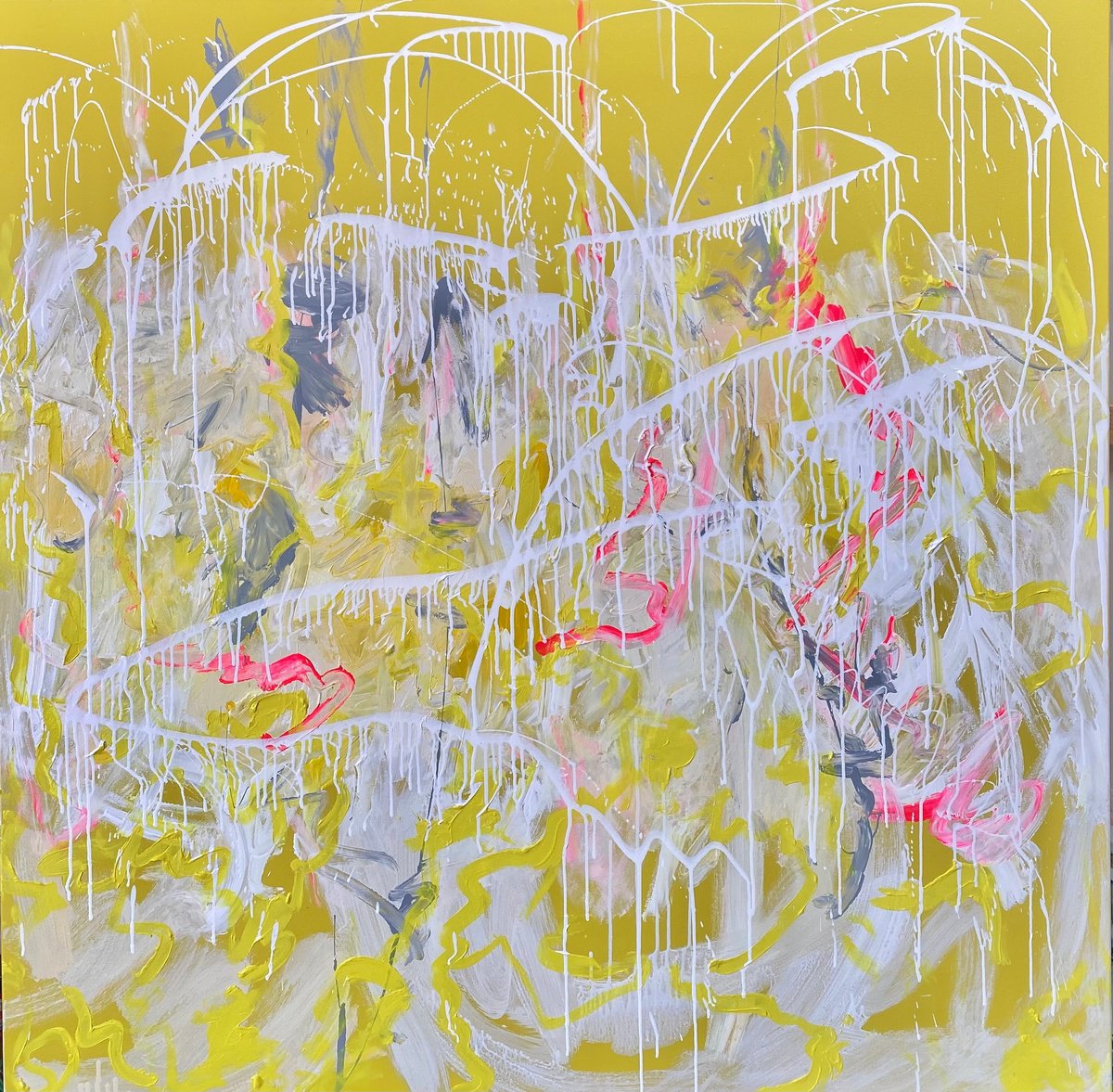 Abstract Acrylic Painting By Annette Spinks, 55 X 55, Yellow Abstract - Love Shack, Original Artwork