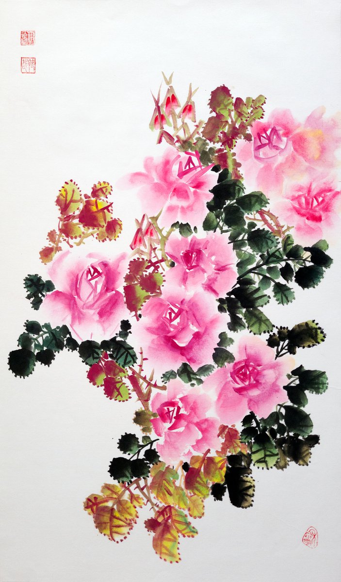 Pink Roses - Oriental Chinese Ink Painting by Ilana Shechter