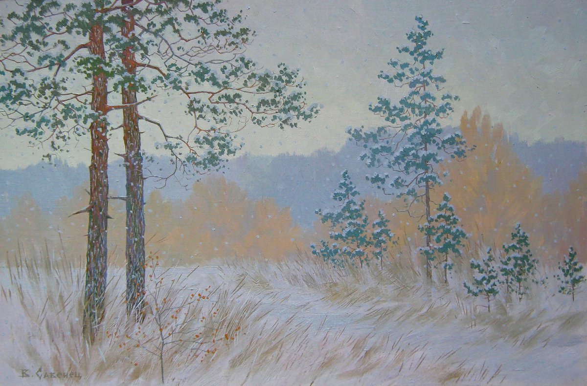 Impressionistic Landscape Oil Painting By Valeriy Savenets-1, 24 X 16", Snowing, Original Artwork