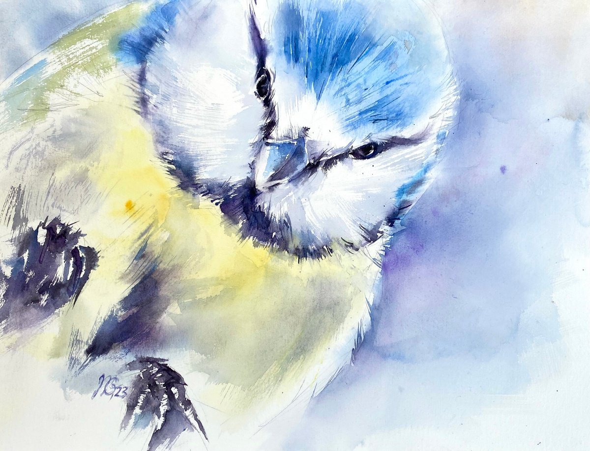 Impressionistic Animal Watercolour By Natalia Galnbek, 16 X 12", Curious Titmouse, Original Artwork