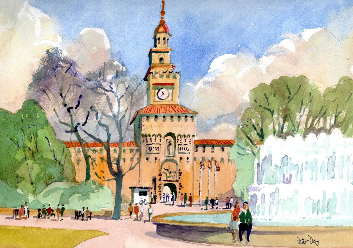 Impressionistic Cityscapes Watercolour By Peter Day, 17 X 13", Milan Castle, Fountain, Italy, Original Artwork