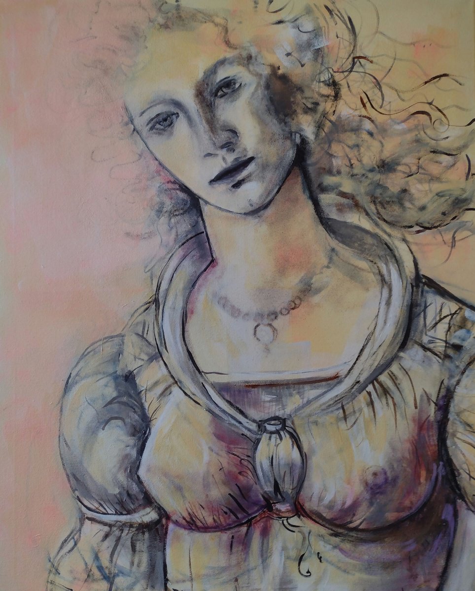 Expressive Portrait Acrylic Painting By Marina Del Pozo, 29 X 36", Renaissance Drawing #2, Original Artwork
