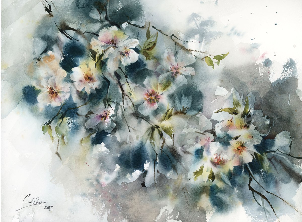 Impressionistic Botanical Watercolour By Sophie Rodionov, 16 X 12", Almond Florals, Original Artwork