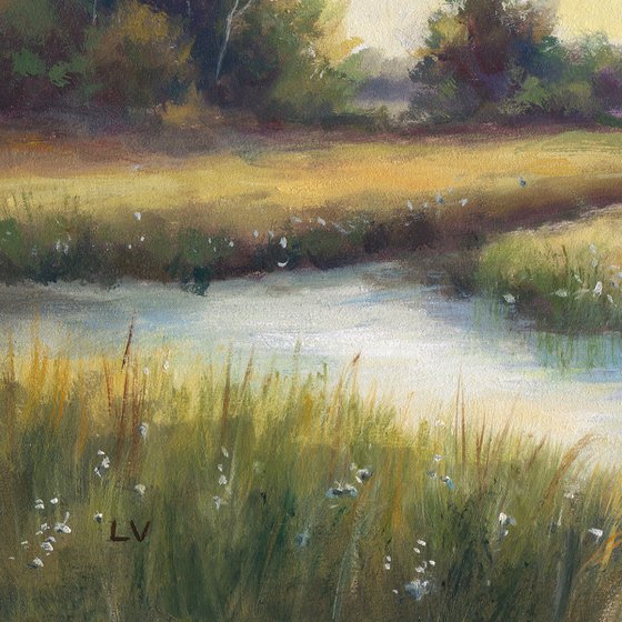 River at sunrise in soft tones